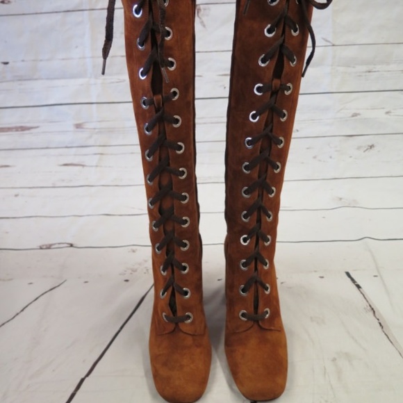 NEW Prada Lace-Up Knee Boots Brown Suede Size 36 - Picture 2 of 8